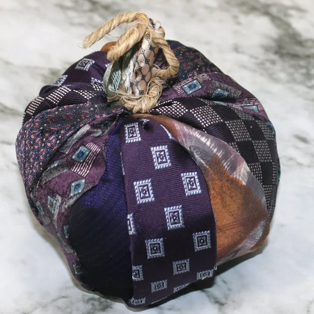 HAND CRAFTED Purple Pumpkin Fall Holiday Upcycled Neck Ties Silk Stuffed Decor